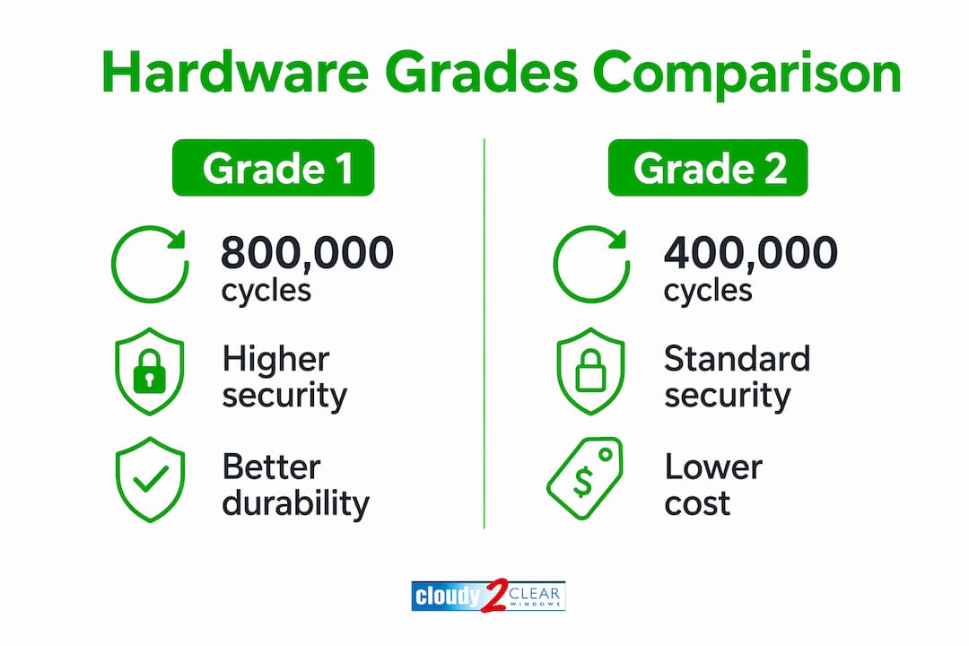 Infographic comparing Grade 1 and Grade 2 window hardware