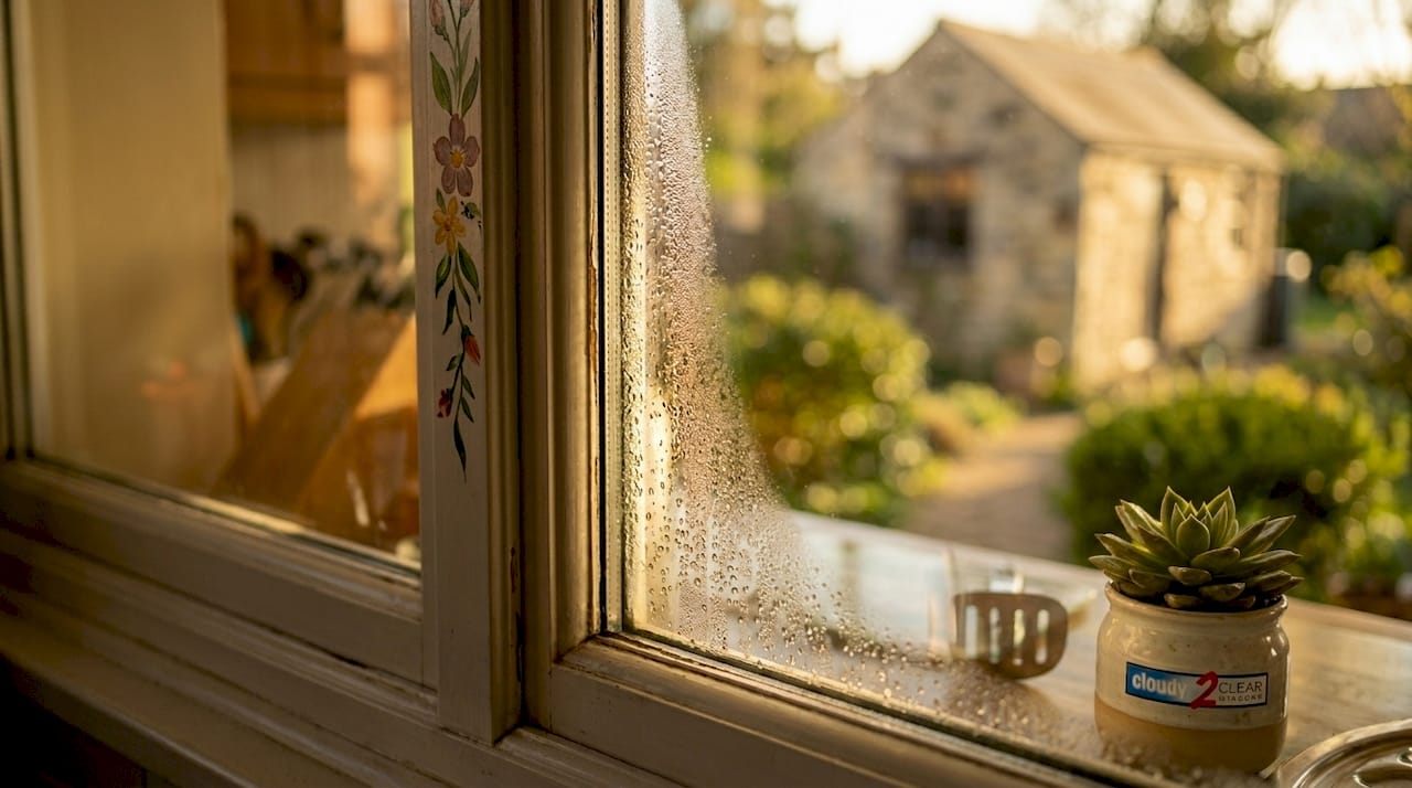 Condensation between double-glazed window panes