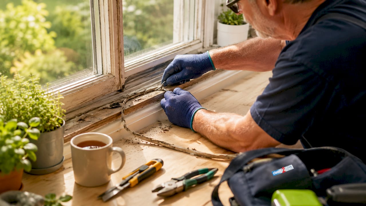 Technician replacing worn window weatherstripping