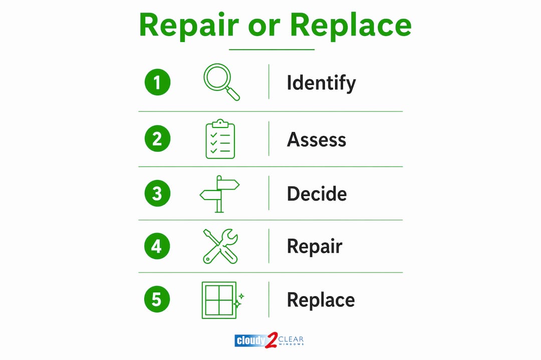 Infographic showing repair or replace steps
