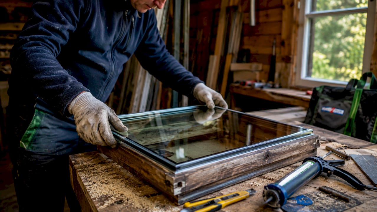 Hands installing Low-E glass window pane