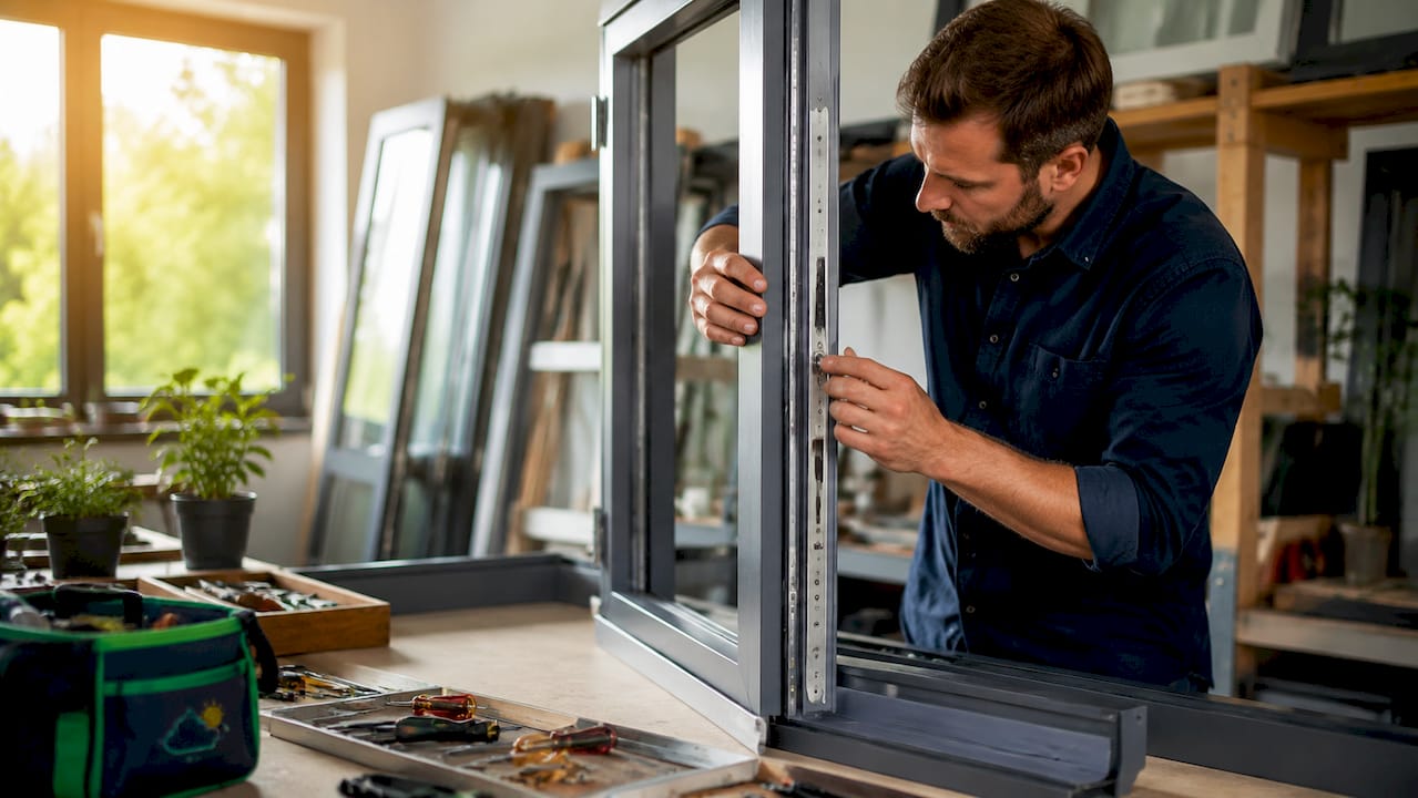 Installer fitting locking hardware on uPVC window frame