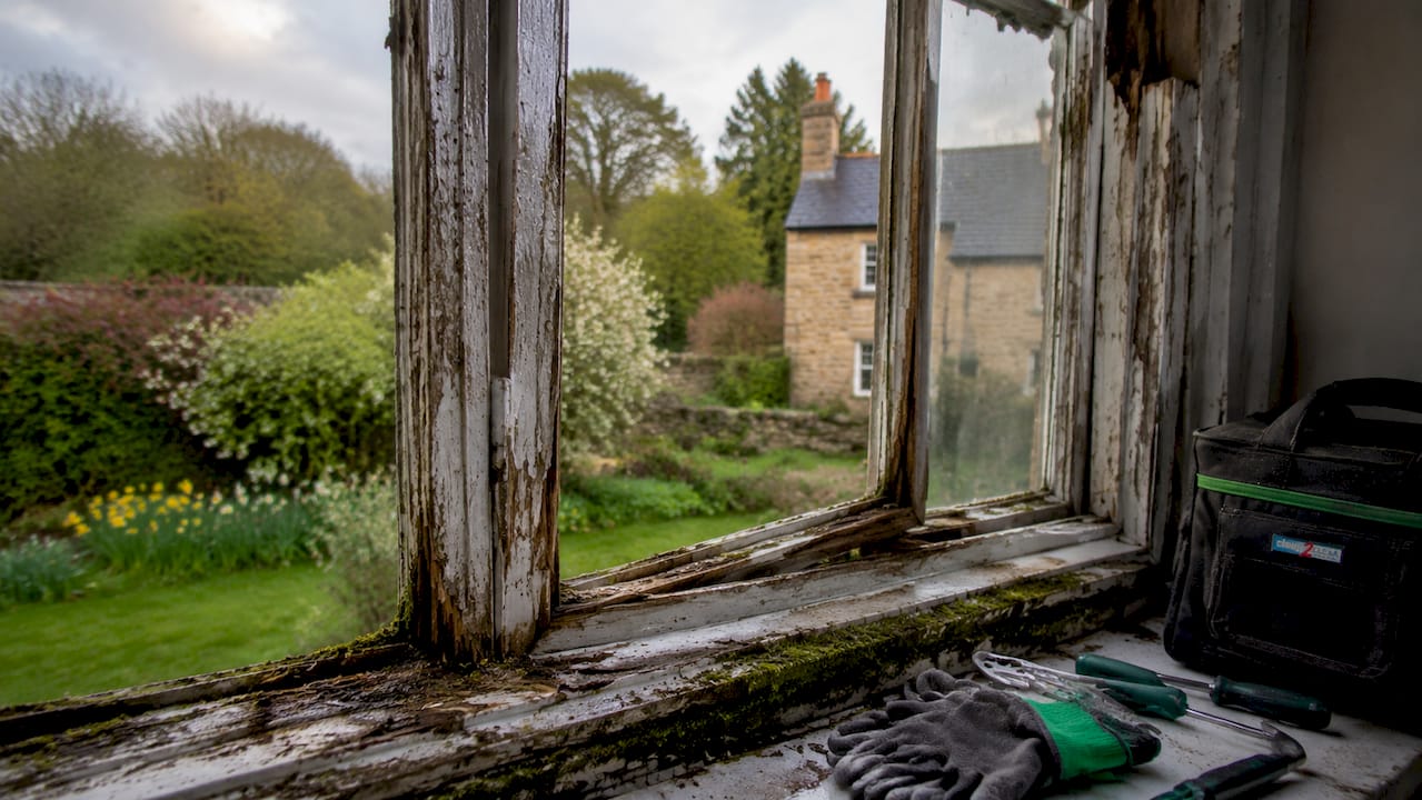 Close-up of weathered UK window frame