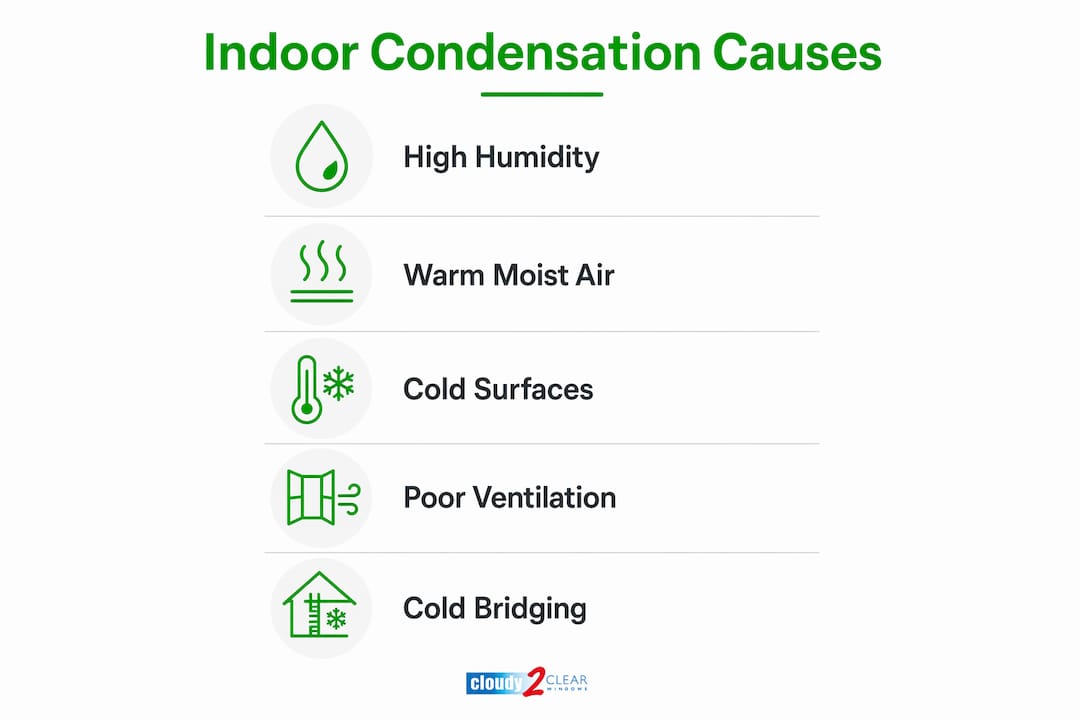 Infographic showing causes of indoor condensation buildup