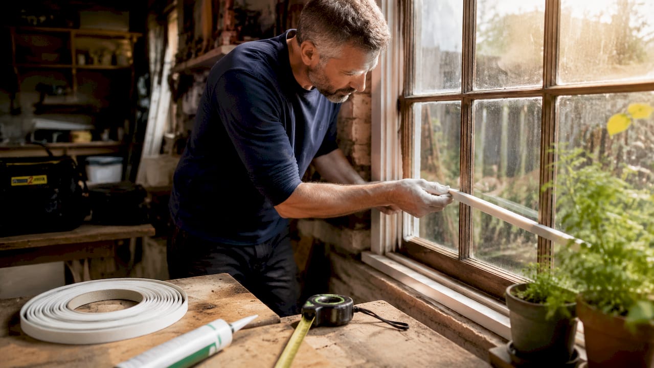 Hands applying foam strip sealant to window frame in workshop