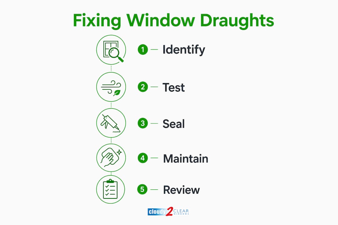 Infographic showing steps to identify and fix window draughts