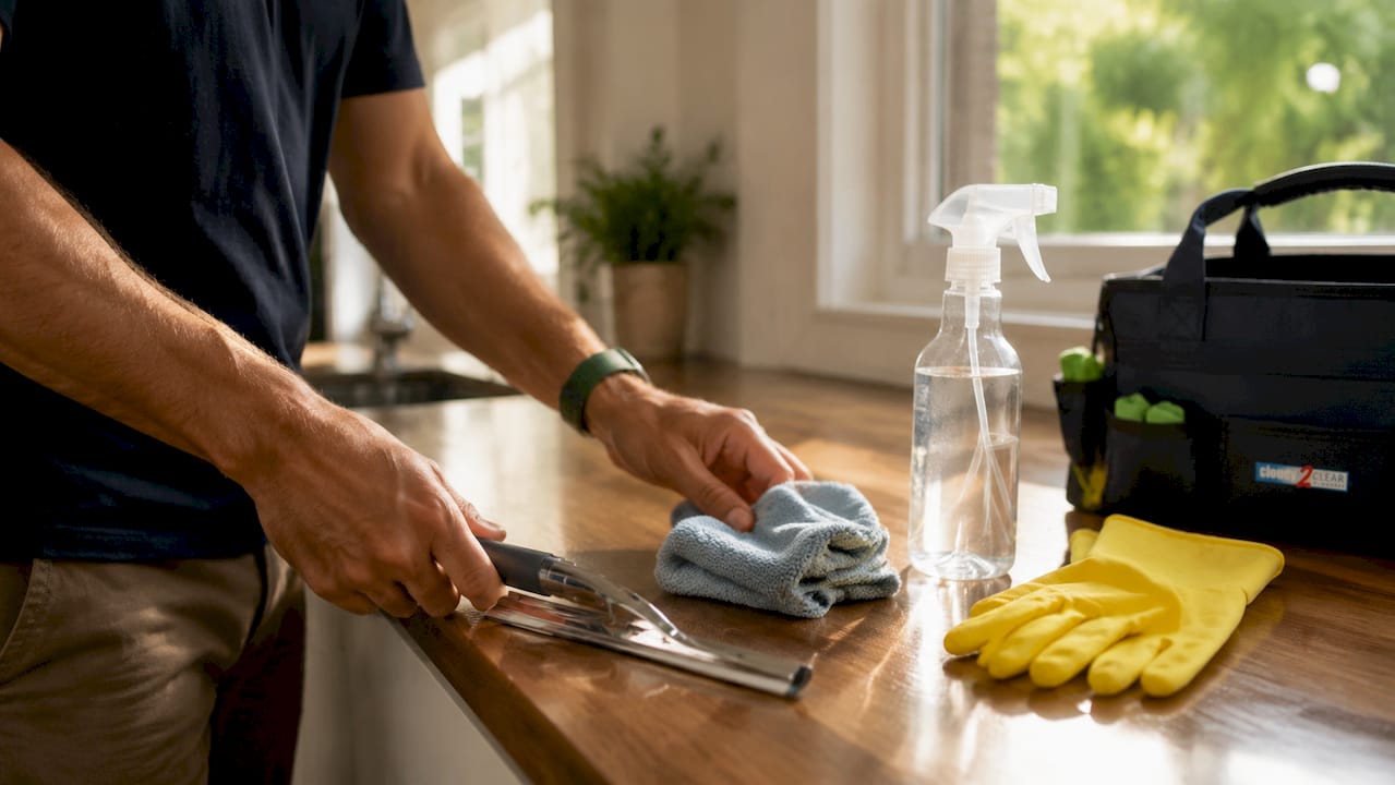 Close-up of window cleaning tools on tiled utility room surface