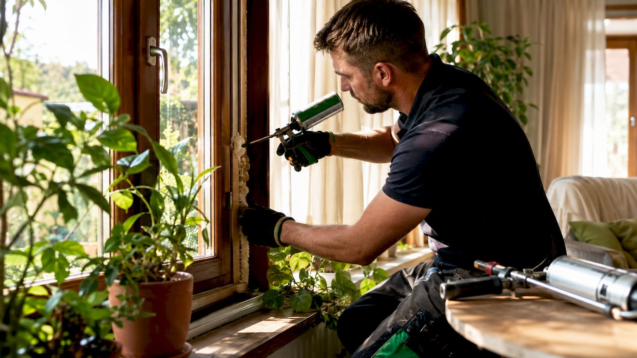 Hands applying expanding foam to window frame air leak