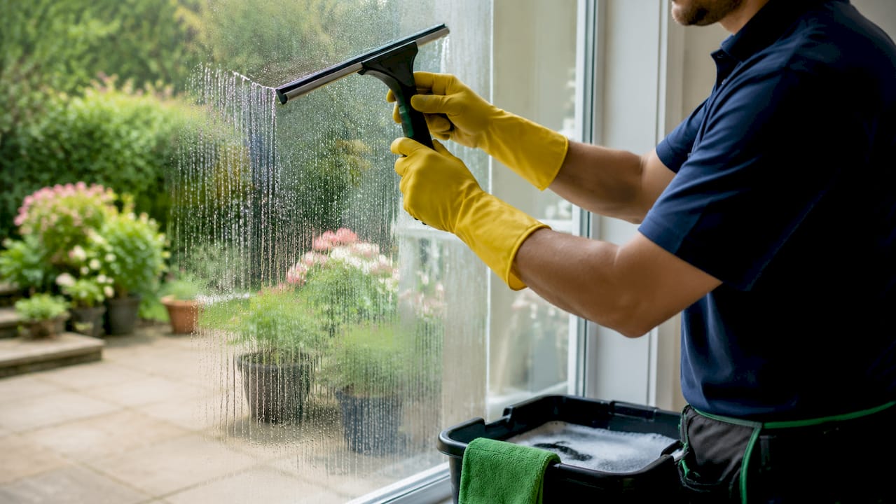 Close-up of hands using squeegee on window