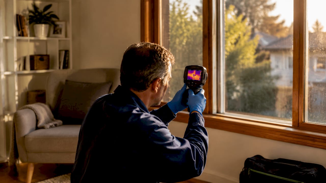 Technician testing timber window energy efficiency indoors