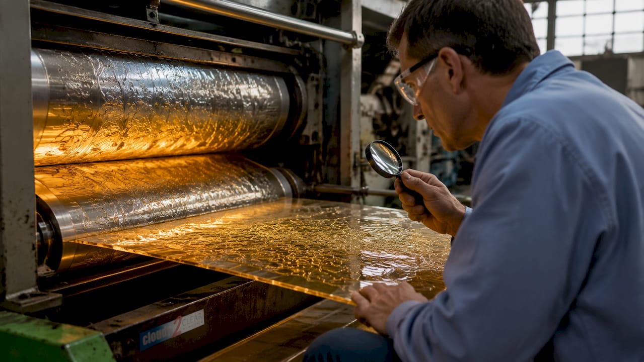 Close-up of rollers embossing patterned glass