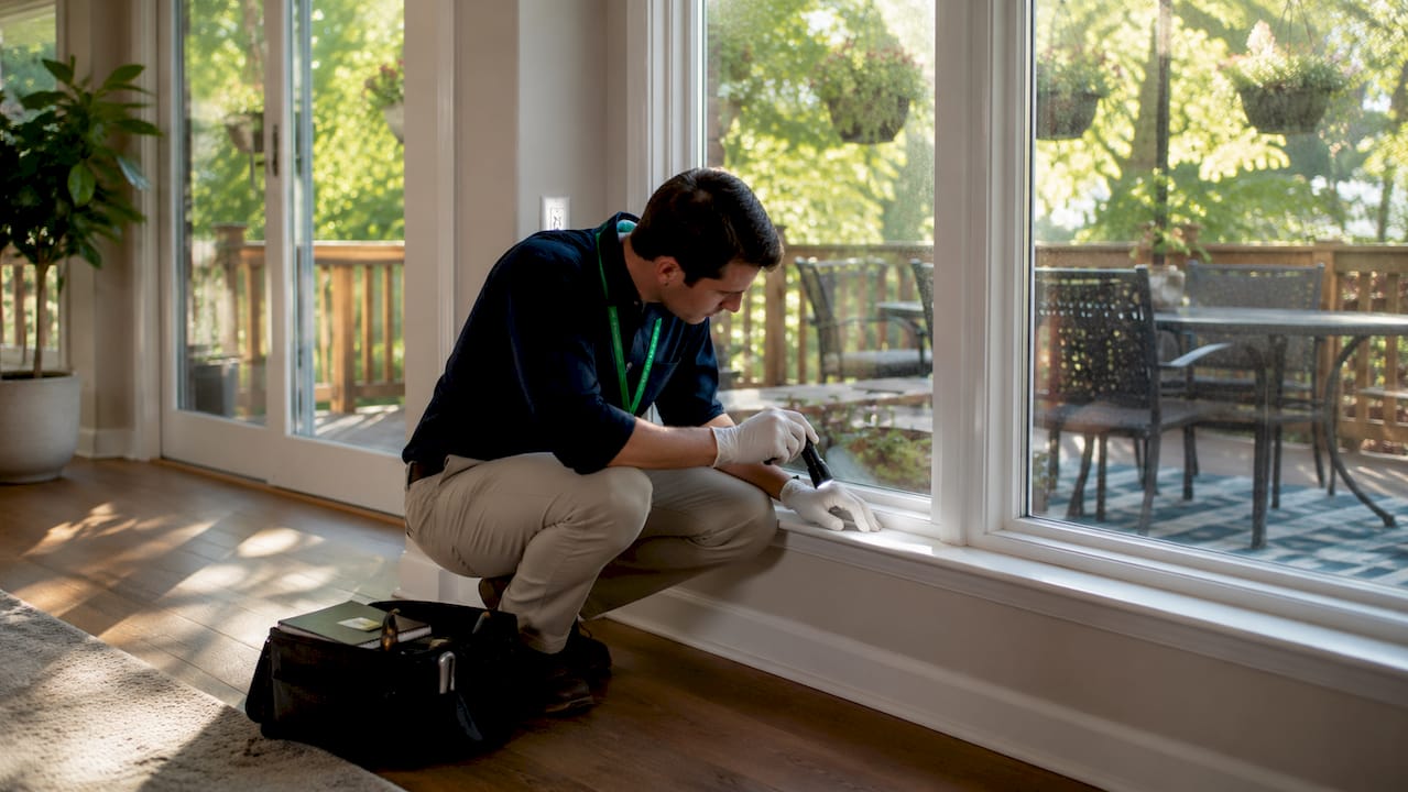 Hands inspecting window condition closely