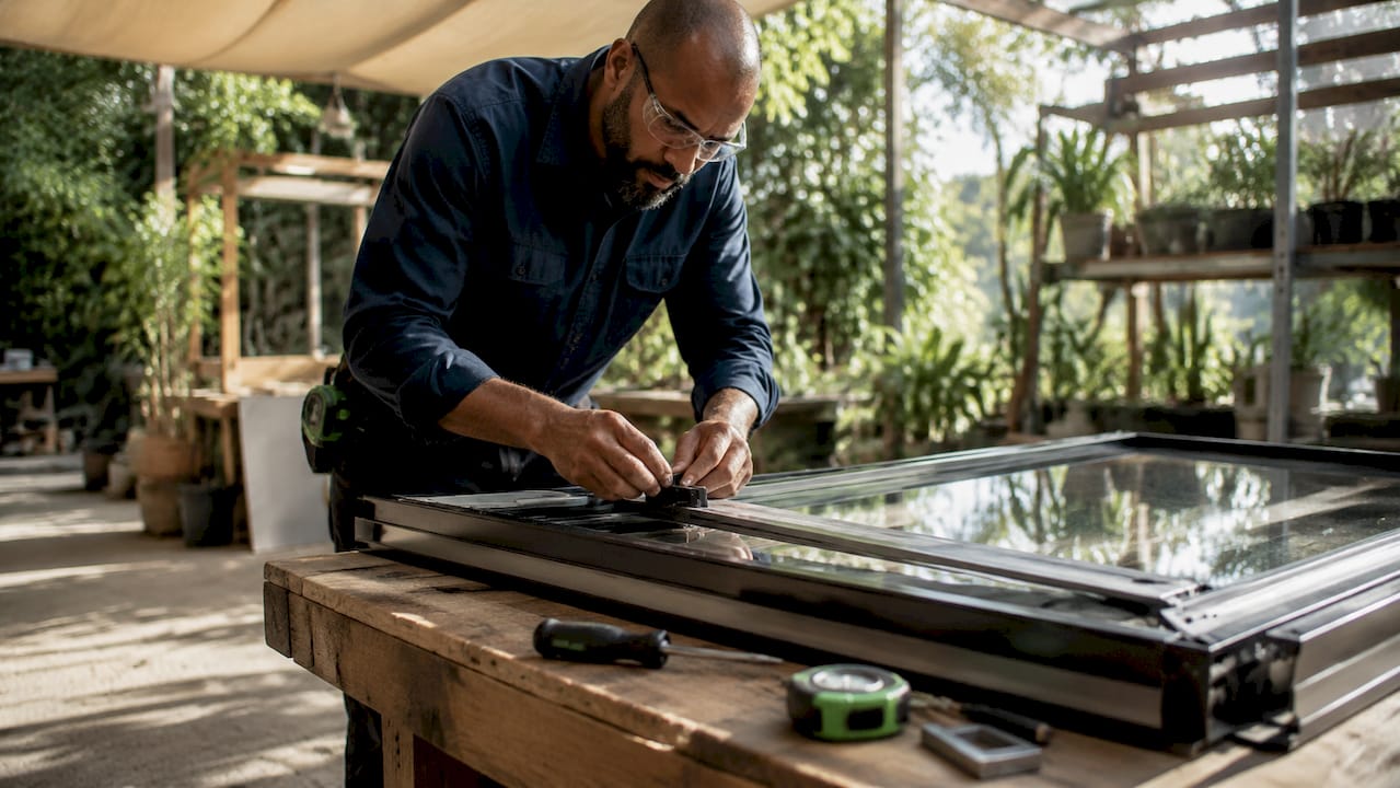 Engineer assembling triple-glazed passive house window