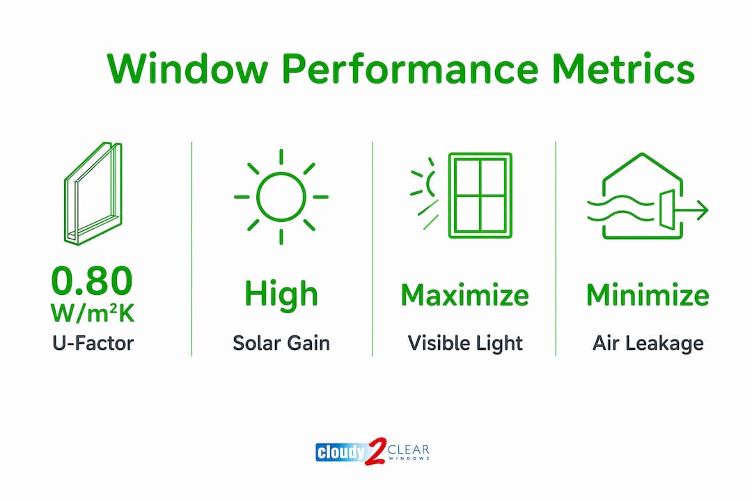 Infographic showing key passive house window metrics