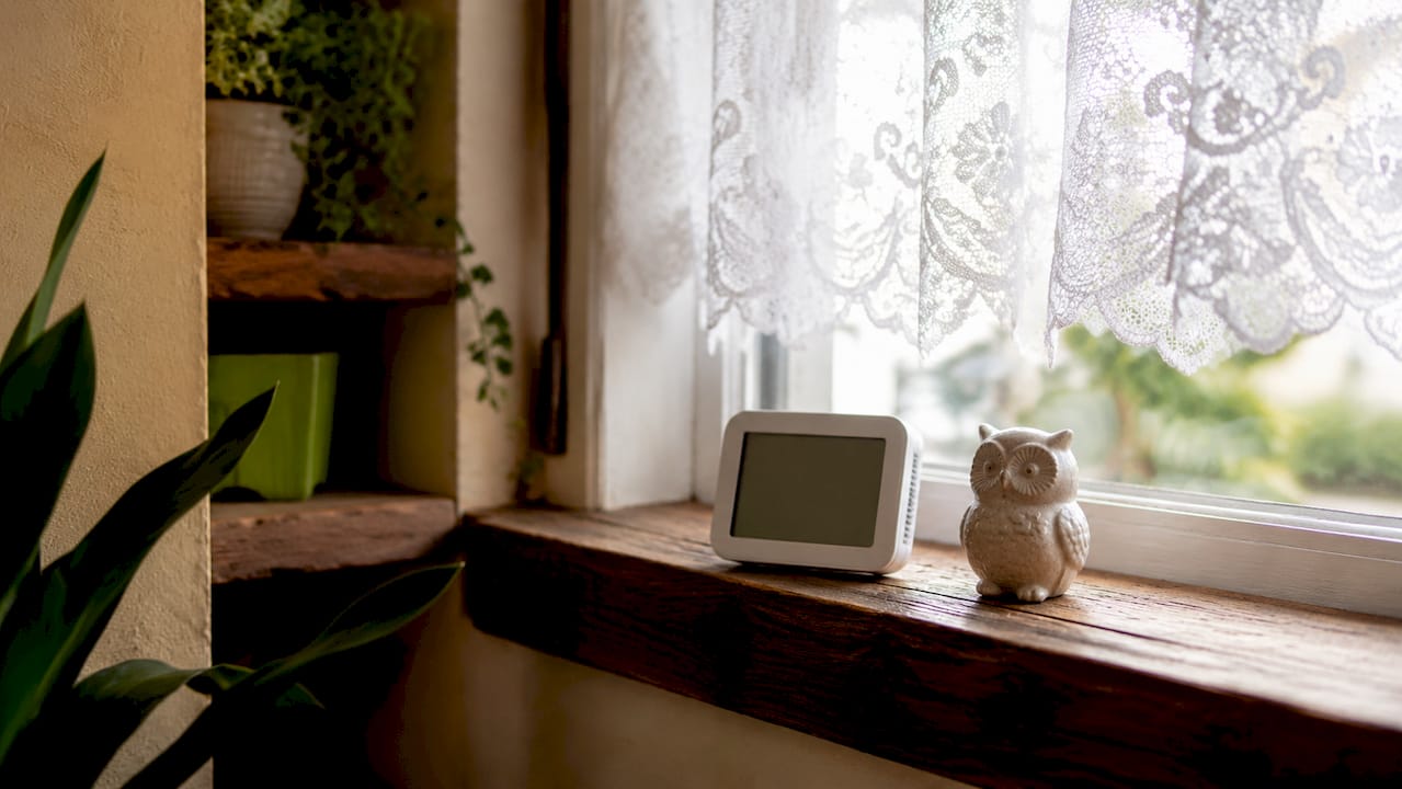 Close-up of hygrometer on kitchen windowsill