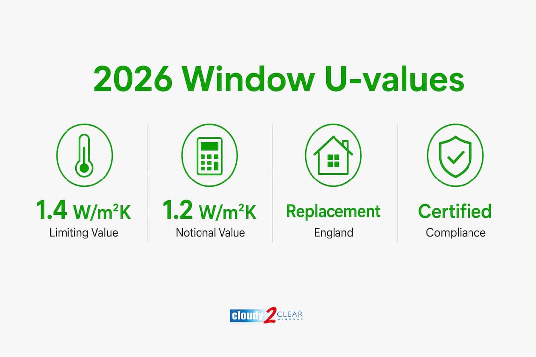 Infographic showing 2026 UK window U-value regulations