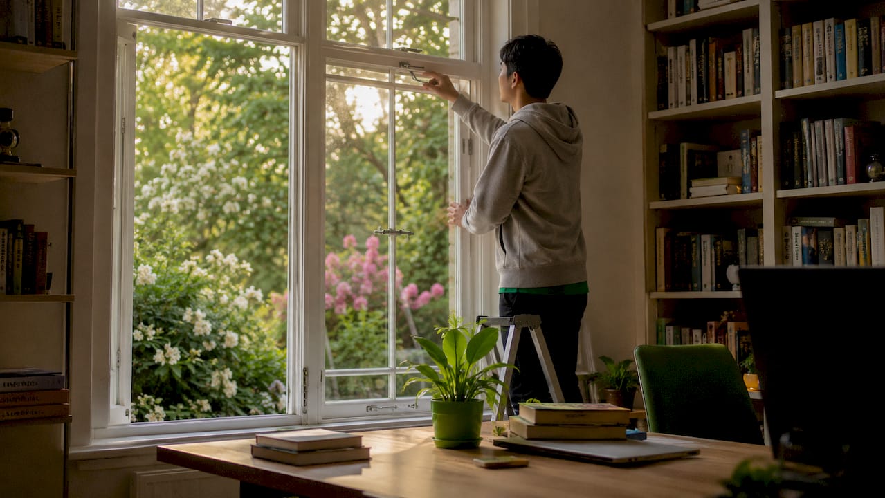 Person adjusting open casement window indoors