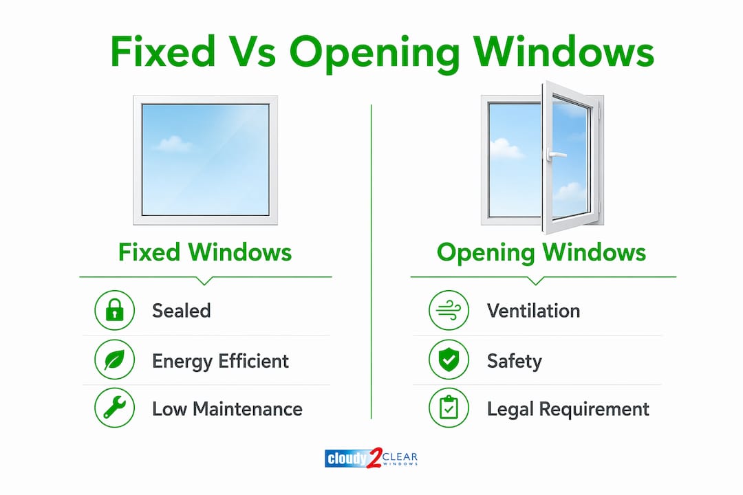 Infographic comparing fixed and opening window features