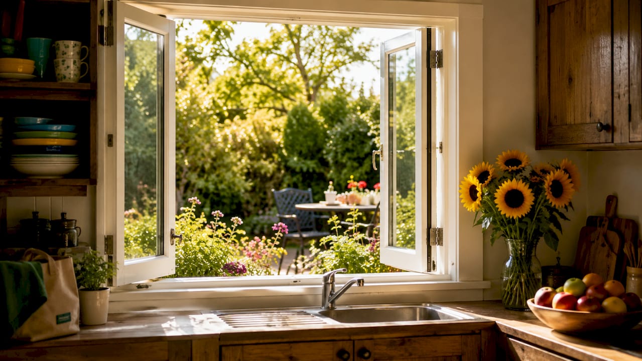 Open side-hinged timber casement window in living room