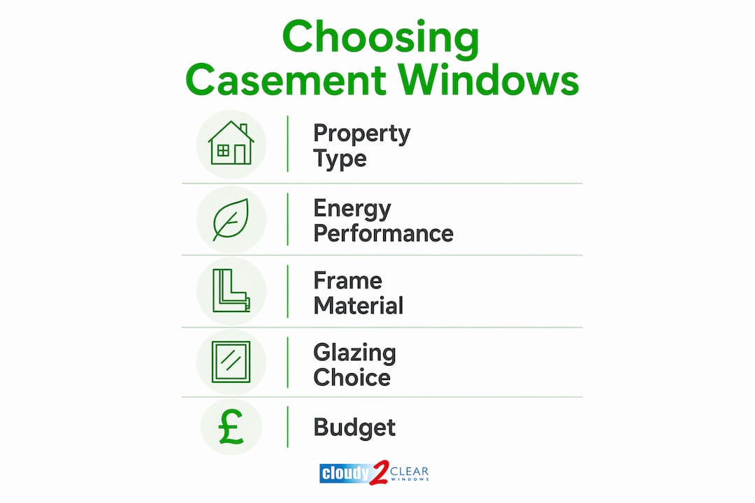 Infographic illustrating steps to choose casement windows for UK homes