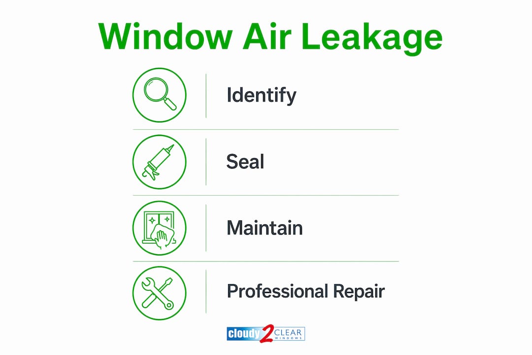 Infographic showing steps to address window air leakage