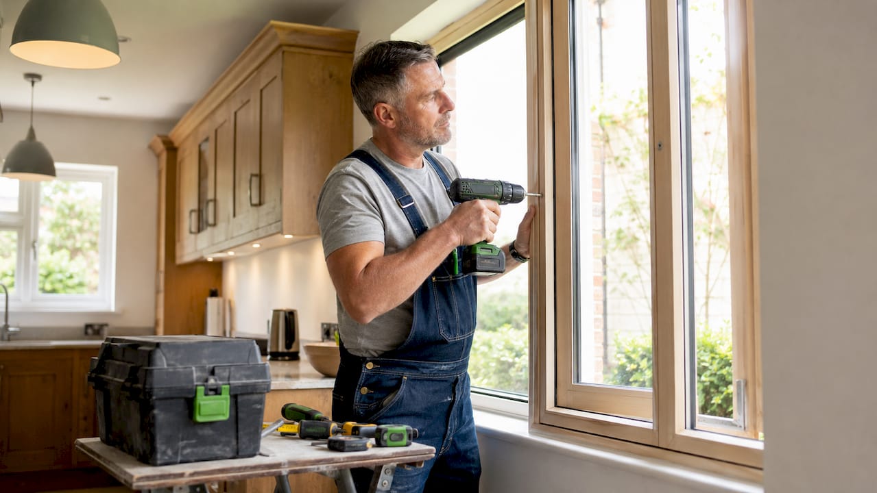 Craftsman installing flush casement window outdoors