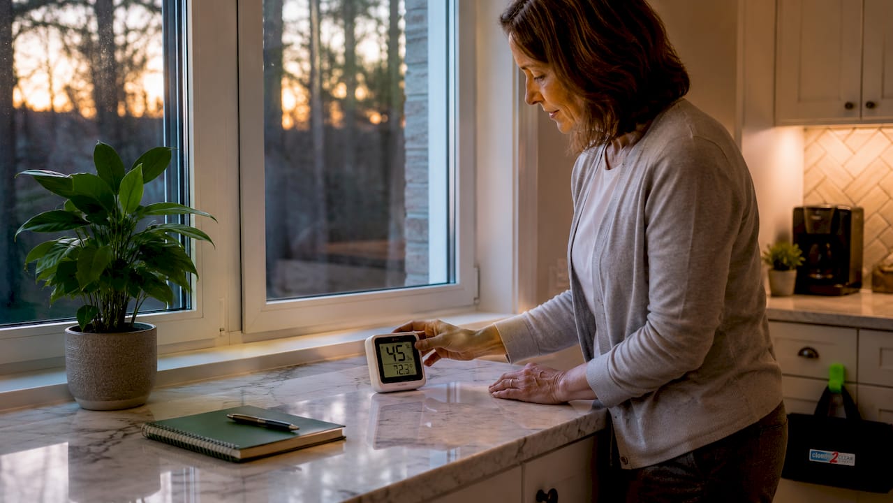 Woman placing hygrometer near sealed window indoors