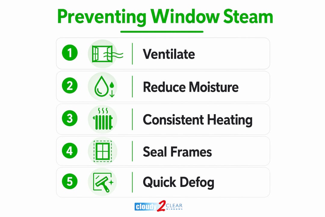 Infographic outlining prevention steps for steamed windows