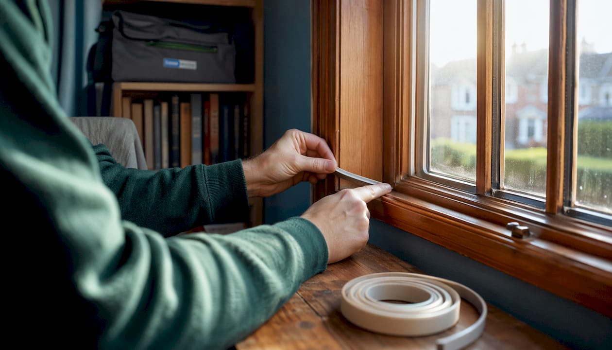 Hands applying draught-proofing strips on window