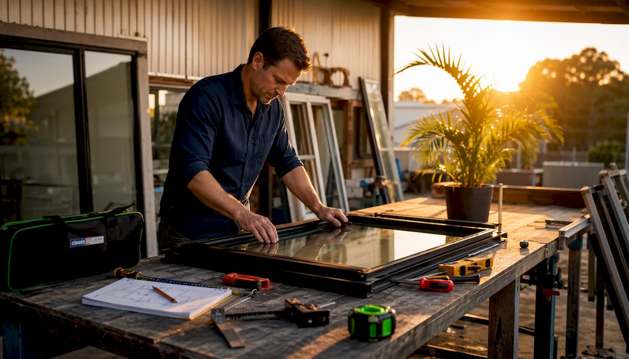 Fitter inspecting slim window frame sightlines