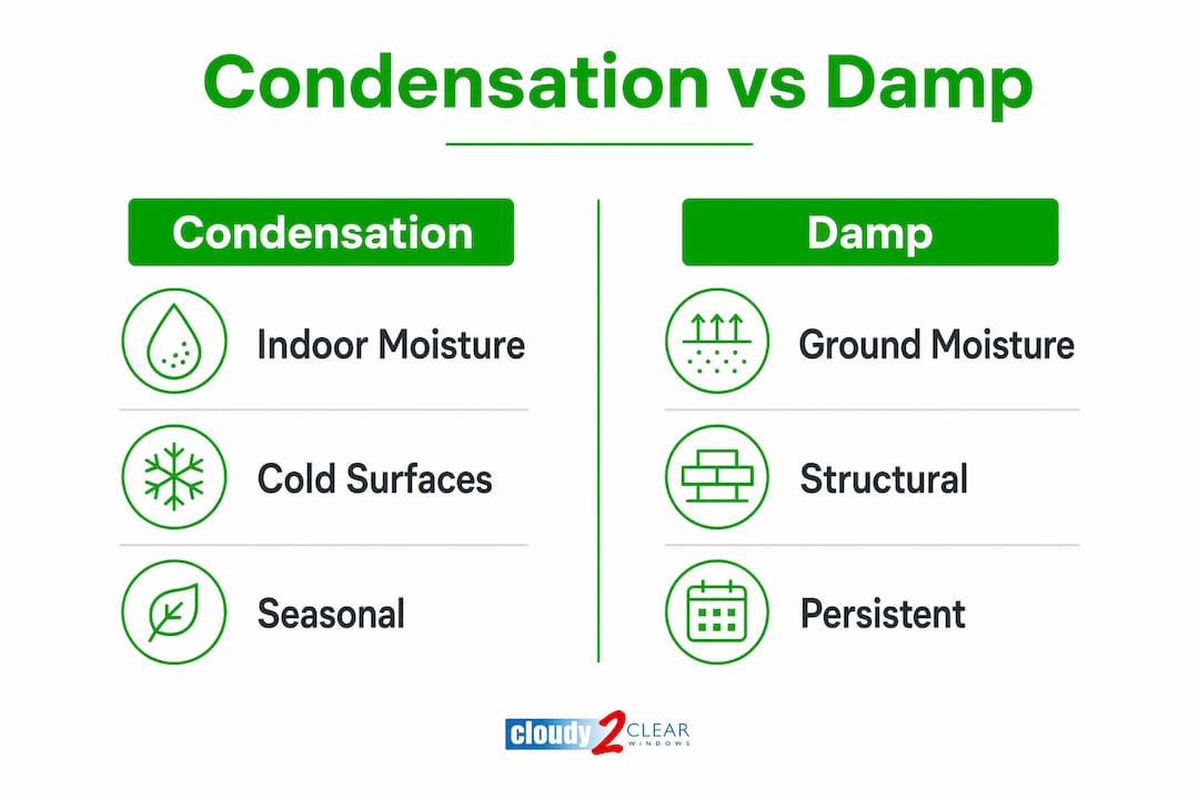 Infographic comparing condensation and damp causes and features