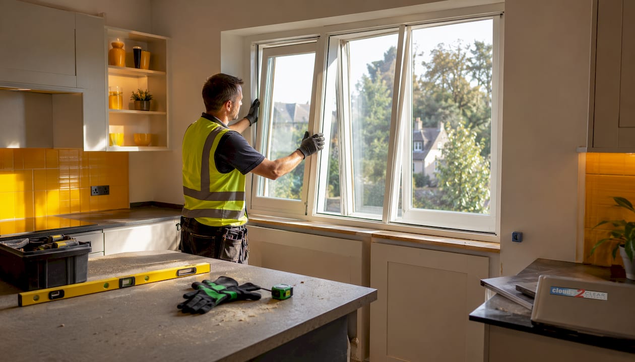 Technician fitting triple-glazed window frame