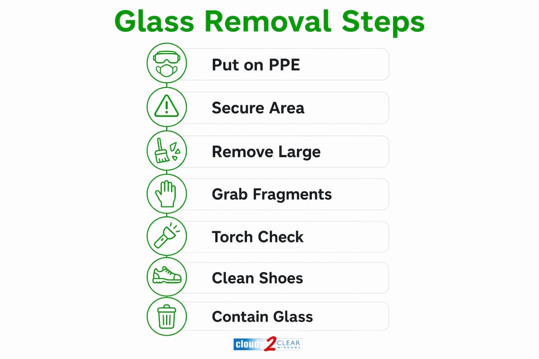 Infographic visualizing steps to safely remove broken glass