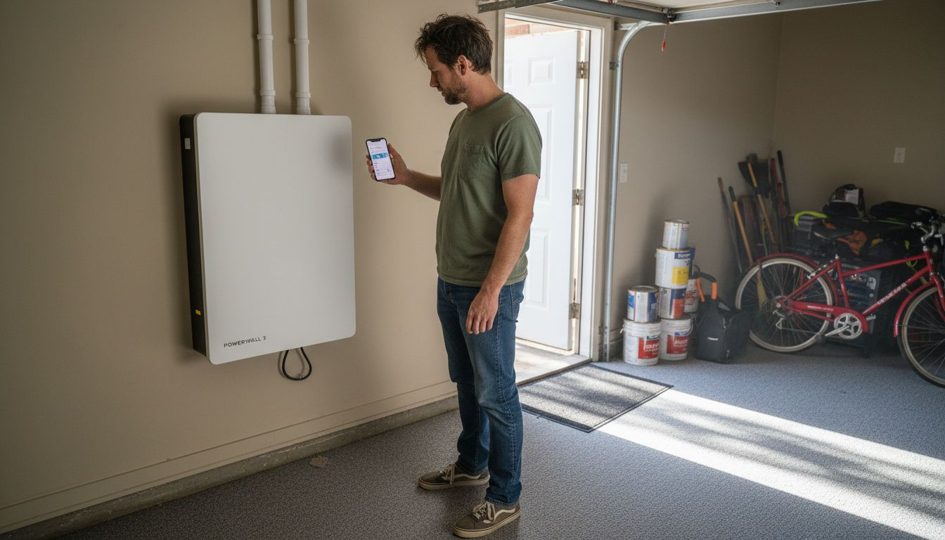 Homeowner checks wall-mounted solar battery