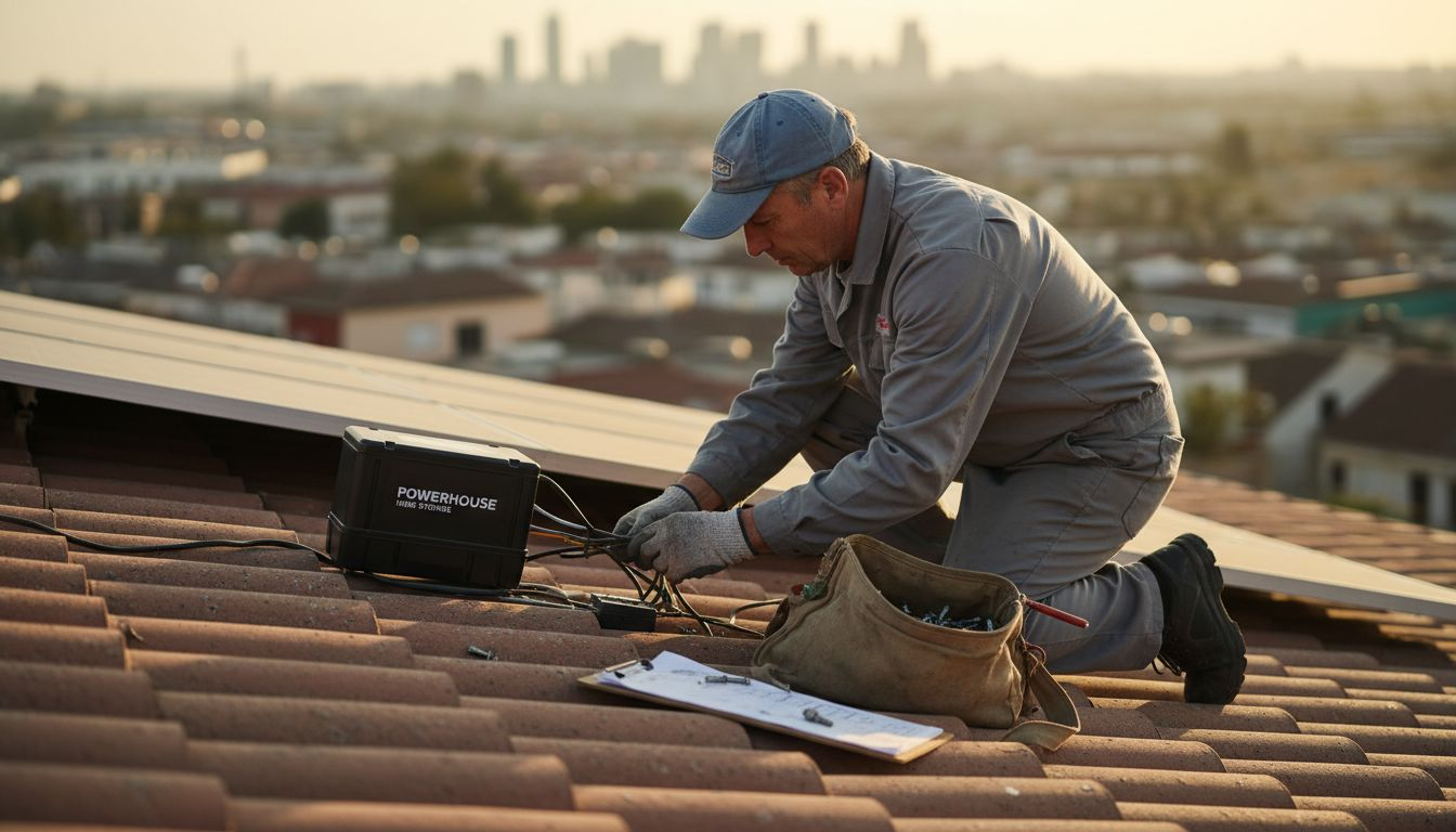Technician adjusting rooftop solar battery connections