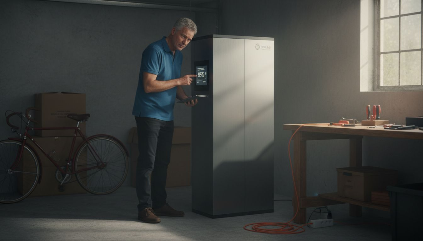 Een man controleert de accu in zijn garage thuis.