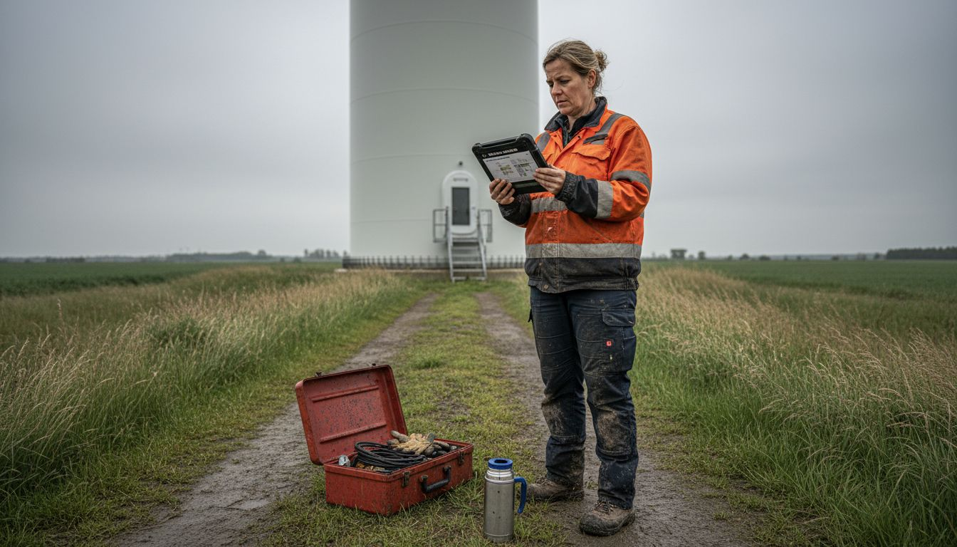 Een technicus houdt toezicht op een windturbine op het veld.