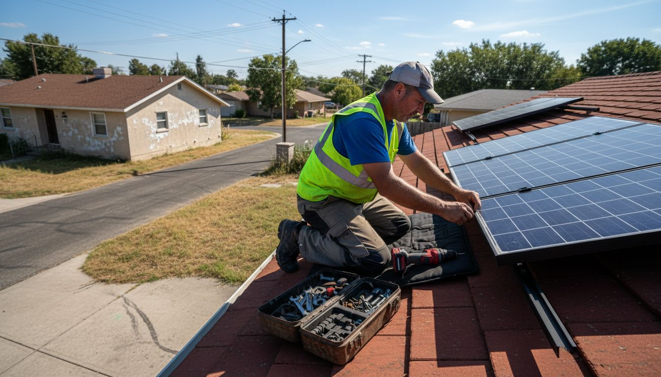 Installer mounting solar panels on house roof