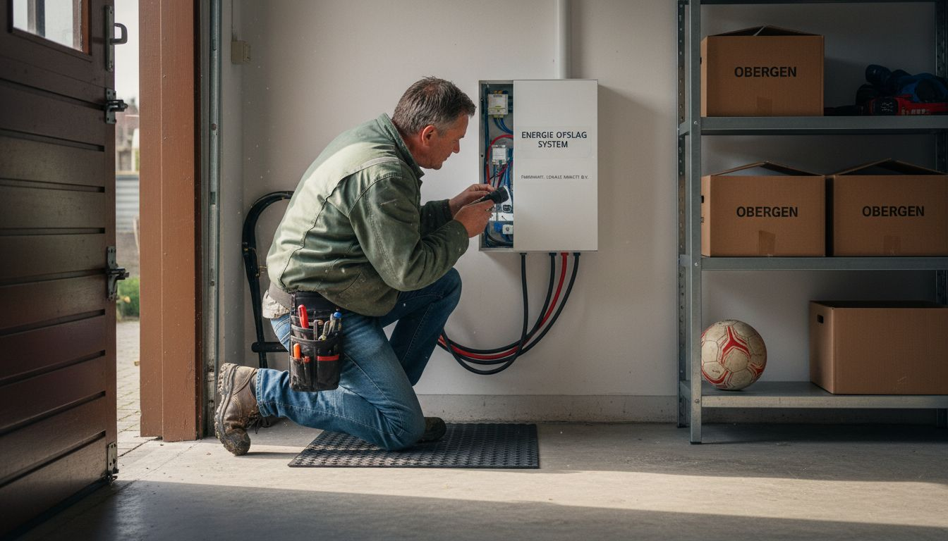 Een monteur plaatst een thuisbatterij in de garage.