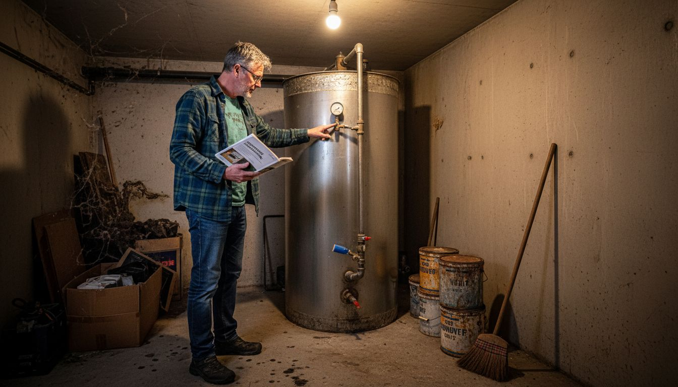 De woningeigenaar loopt even naar de kelder om het buffervat te controleren.