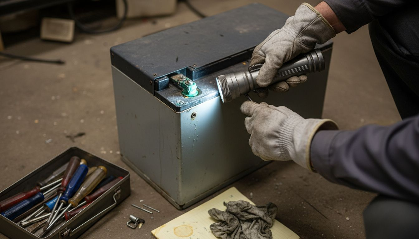 Close inspection of corroded battery terminals