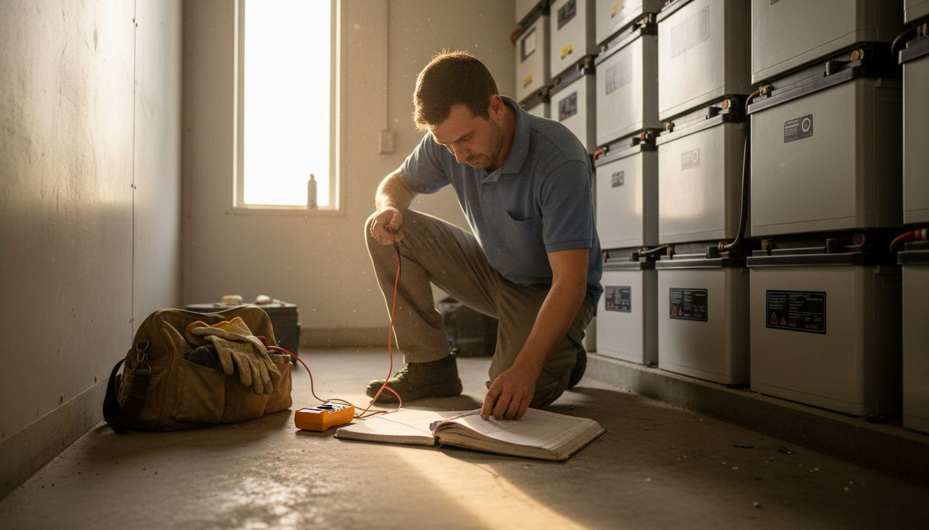 Technician checking solar battery system in workspace