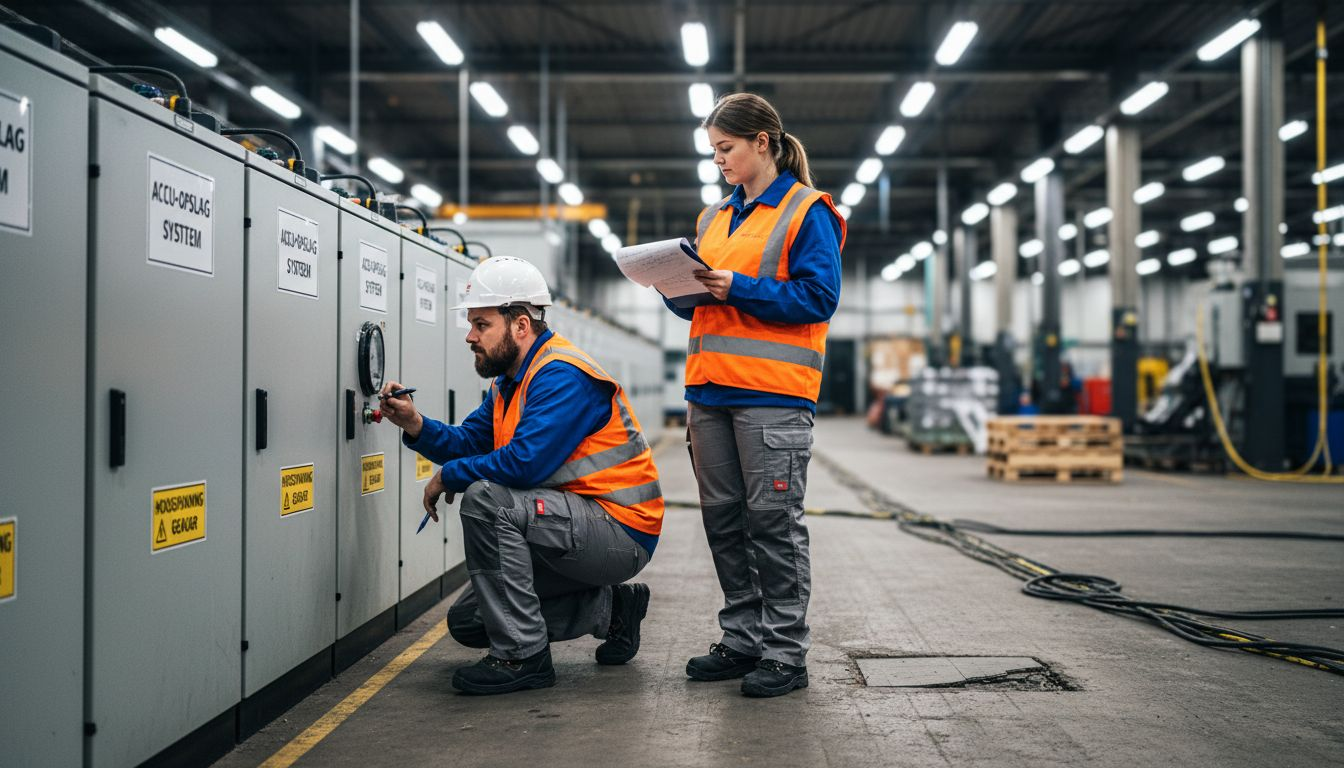 Monteurs voeren controles uit aan industriële opslagsystemen voor batterijen.