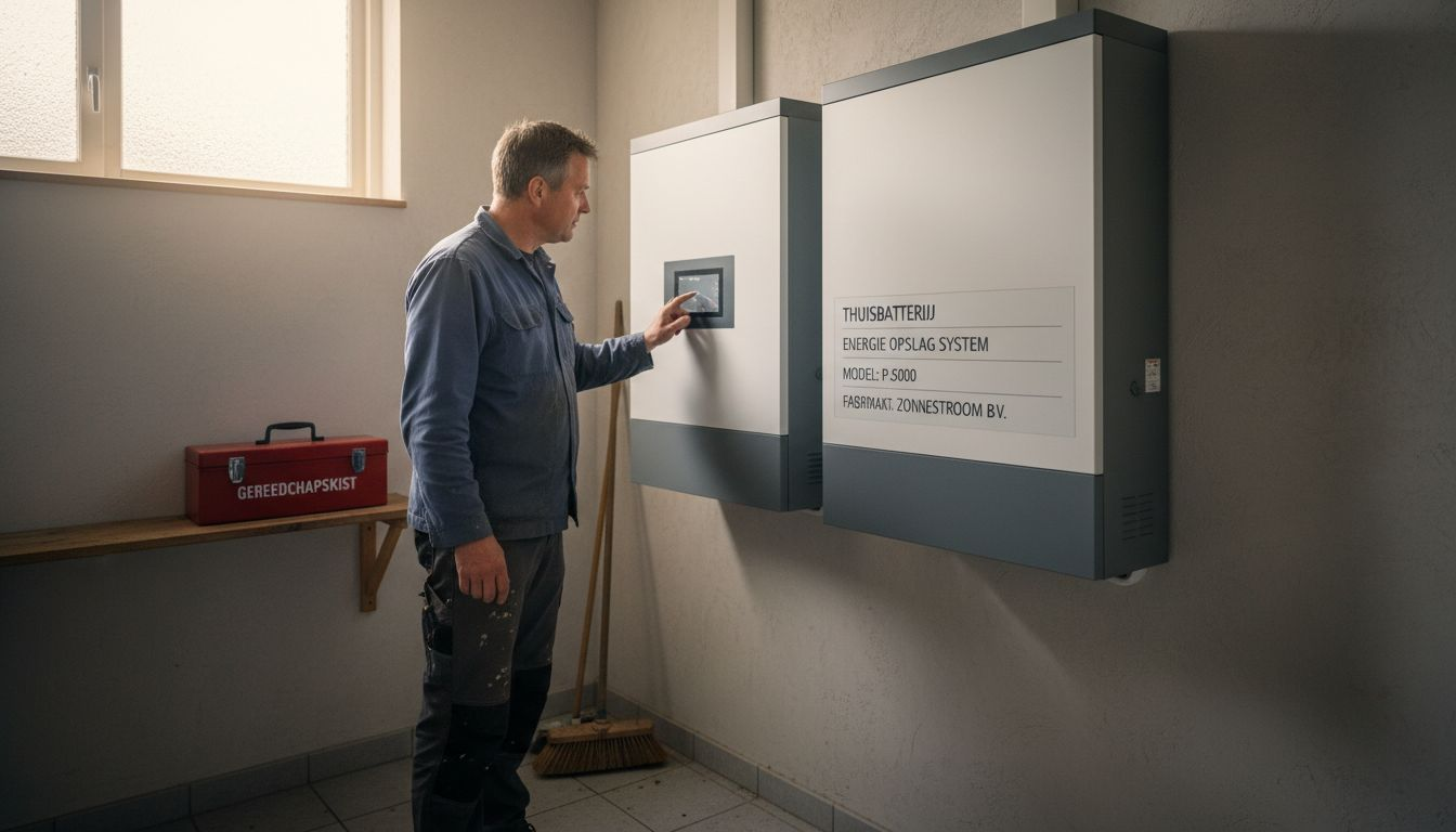 Een huiseigenaar controleert het batterijsysteem aan de muur.