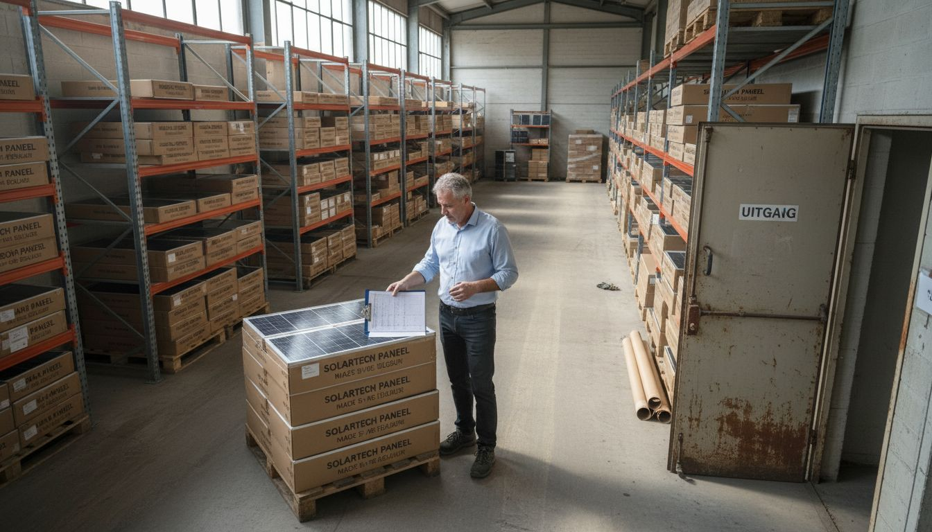 Een magazijnmedewerker controleert de voorraad zonnepanelen.