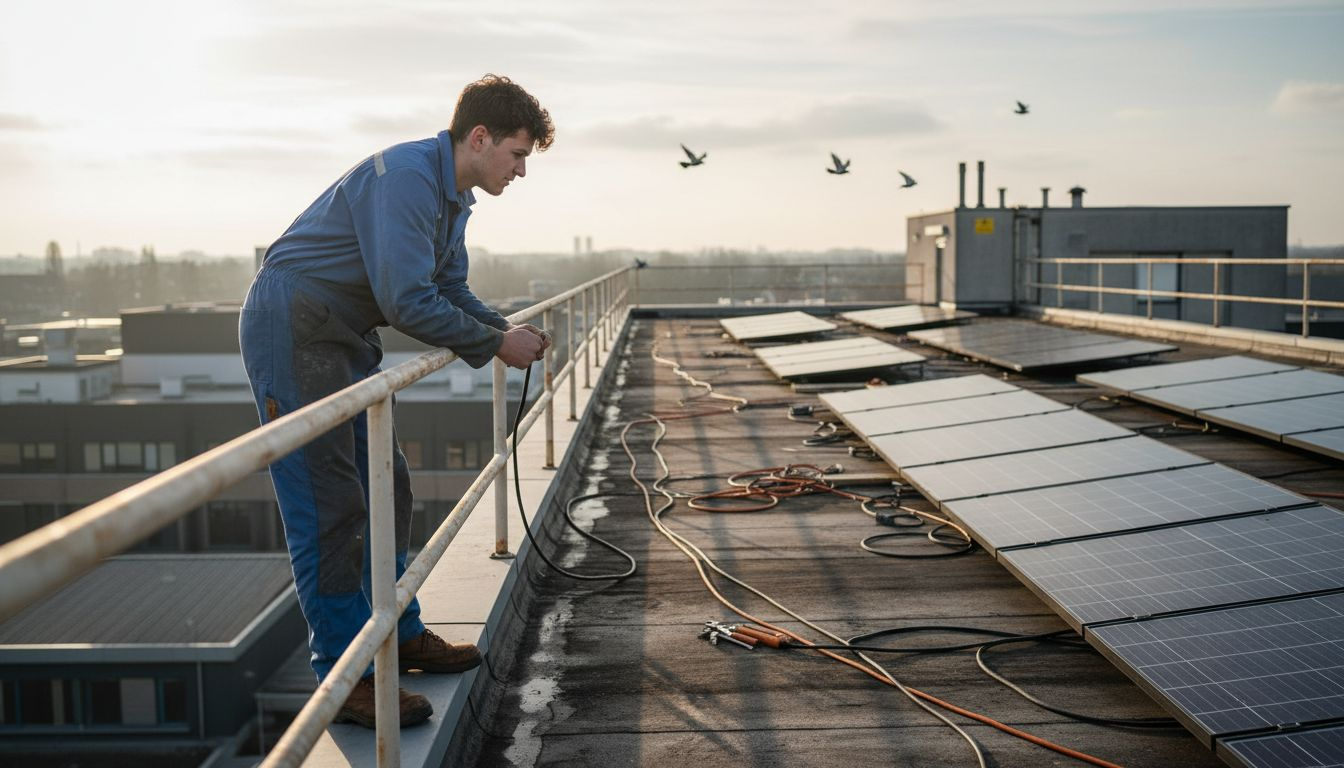 Een installateur inspecteert de zonnepanelen op het dak van een bedrijfspand.
