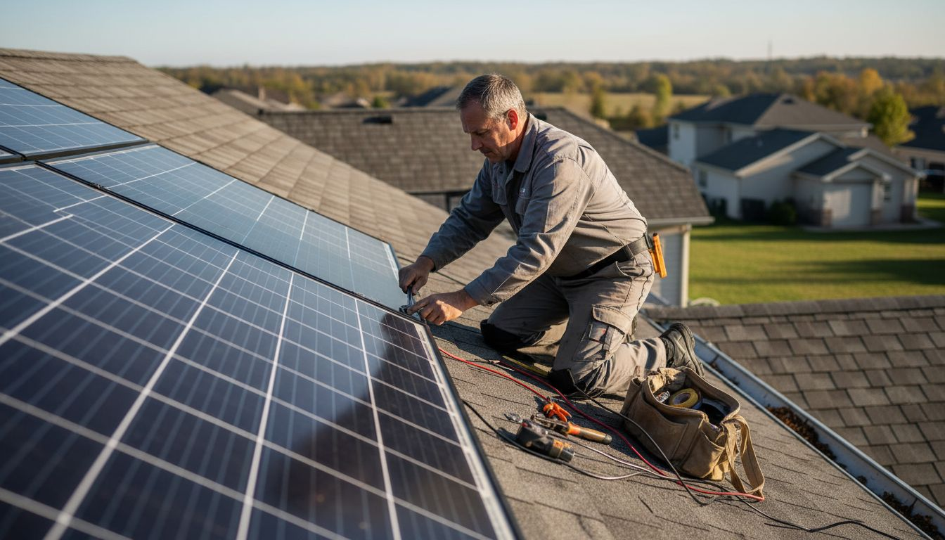 Technician installing residential rooftop solar panels