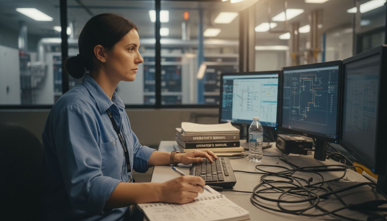 Technician monitoring battery storage systems