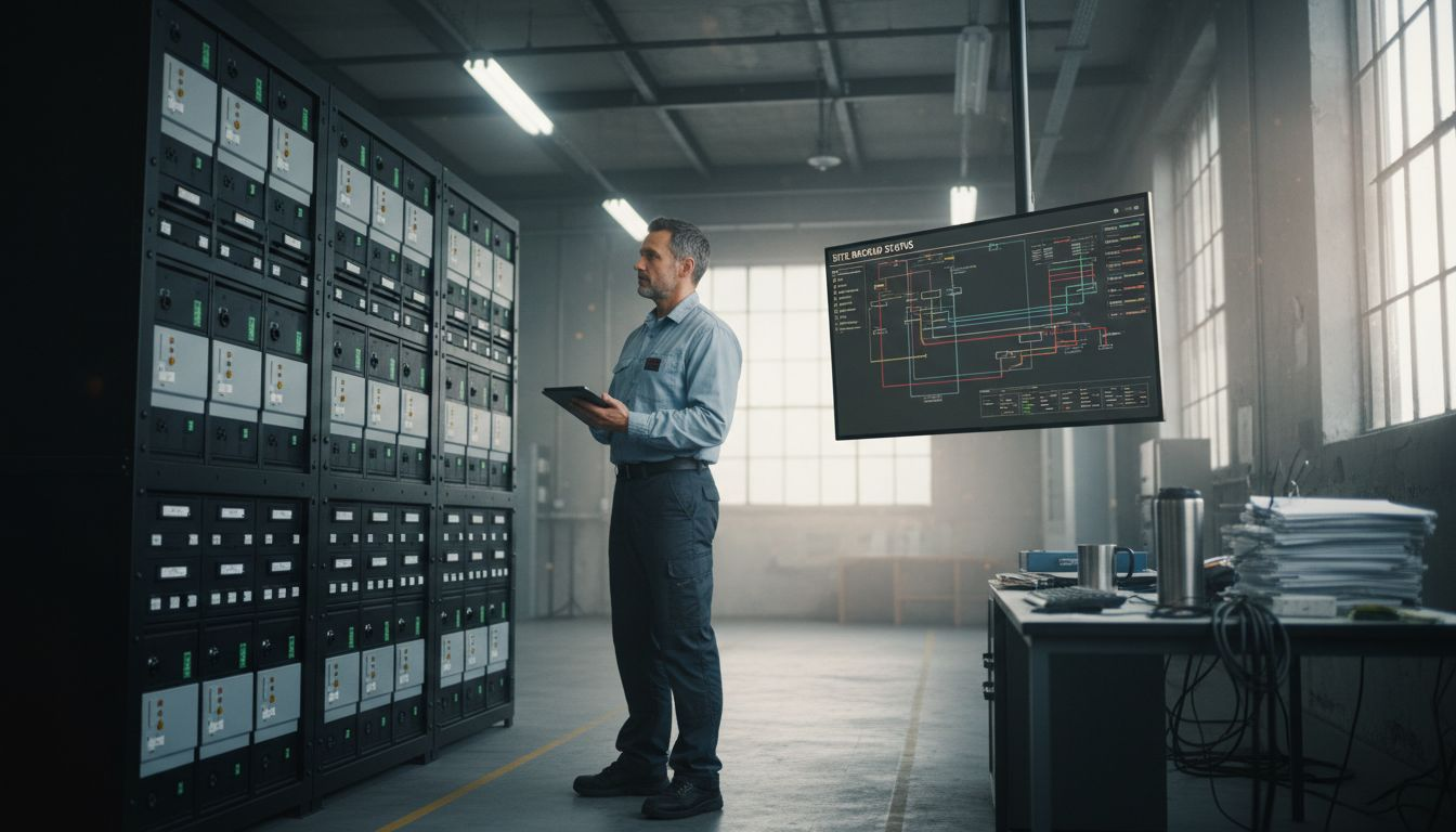 Facility manager in control room with battery storage