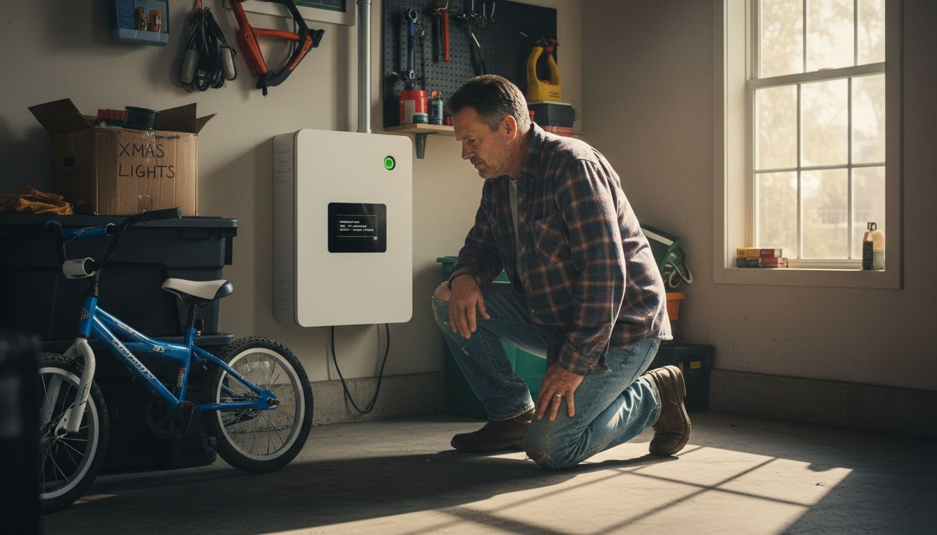 Homeowner reviewing battery storage display in garage